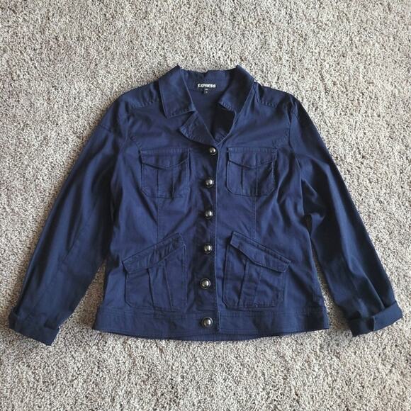 Express Jackets & Blazers - Express Jacket Women's Size L Navy Collared Button Front Retro Cotton Stretch